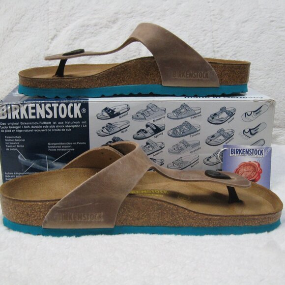 Birkenstock GIZEH Waxy Leather Tobacco Brown w/ Aqua Sole. 40 R US W 9 M 7 - Picture 5 of 13